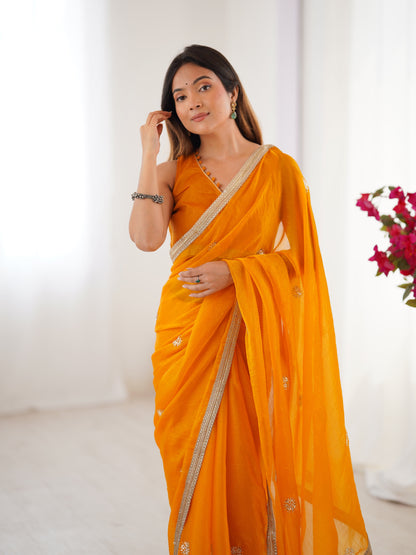 Jyoti Fashion Women's Yellow Fandy Silk Embroidered Designer Saree with Blouse