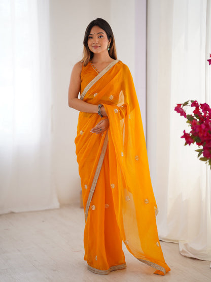 Jyoti Fashion Women's Yellow Fandy Silk Embroidered Designer Saree with Blouse