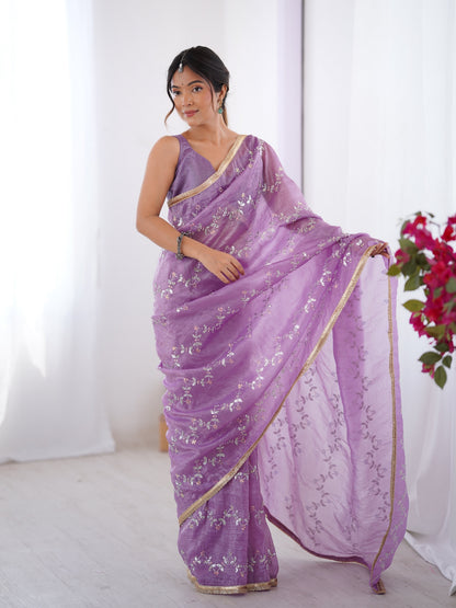 Jyoti Fashion Women's Purple Soft Gold Crush Embroidered Designer Saree with Blouse