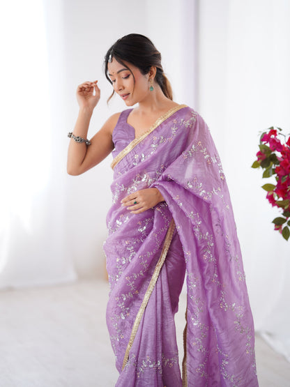 Jyoti Fashion Women's Purple Soft Gold Crush Embroidered Designer Saree with Blouse