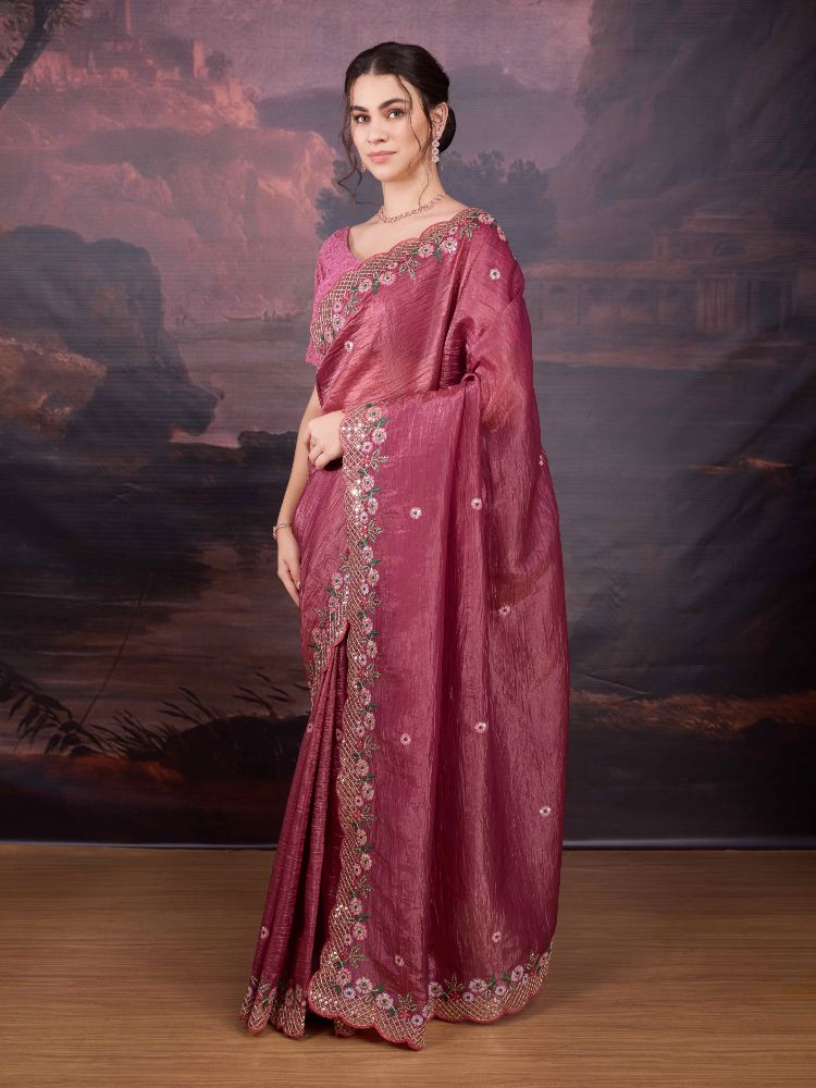 Jyoti Fashion Women's Pink Art Silk Sequins Embroidered Designer Saree with Blouse