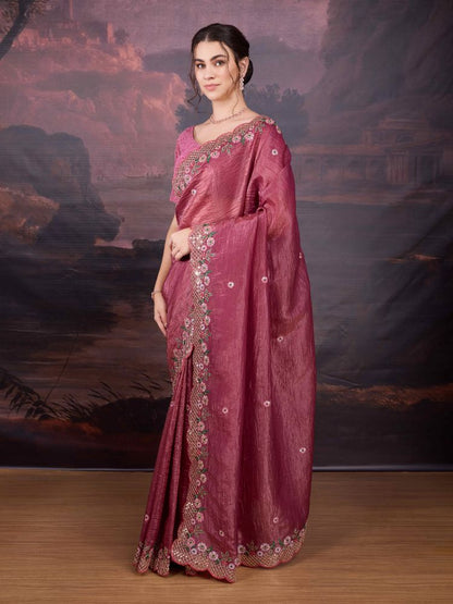 Jyoti Fashion Women's Pink Art Silk Sequins Embroidered Designer Saree with Blouse