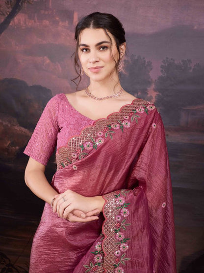 Jyoti Fashion Women's Pink Art Silk Sequins Embroidered Designer Saree with Blouse