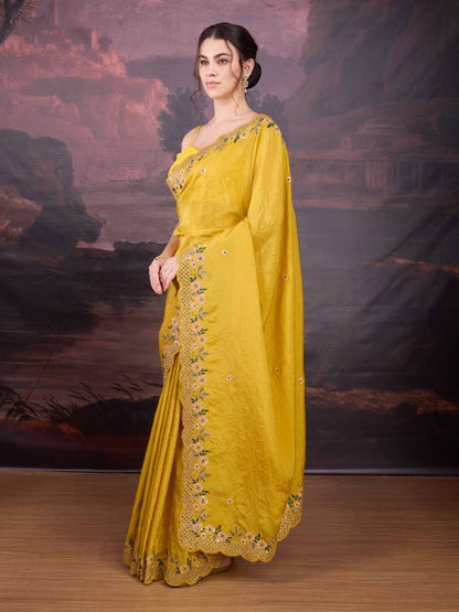 Jyoti Fashion Women's Yellow Art Silk Sequins Embroidered Designer Saree with Blouse