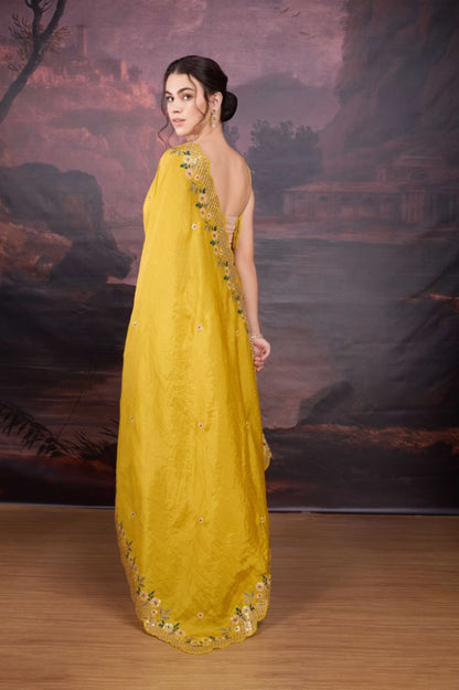 Jyoti Fashion Women's Yellow Art Silk Sequins Embroidered Designer Saree with Blouse