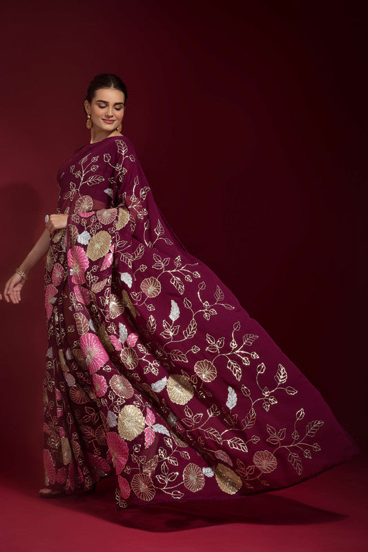 Jyoti Fashion Women's Wine Sequence Embroidery Georgette Saree with Blouse