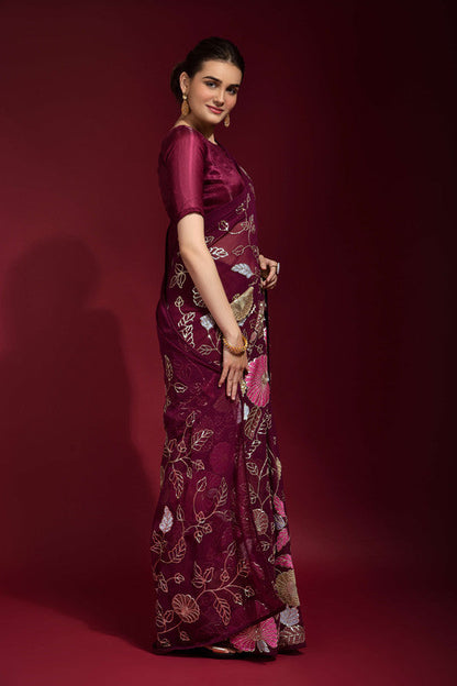 Jyoti Fashion Women's Wine Sequence Embroidery Georgette Saree with Blouse