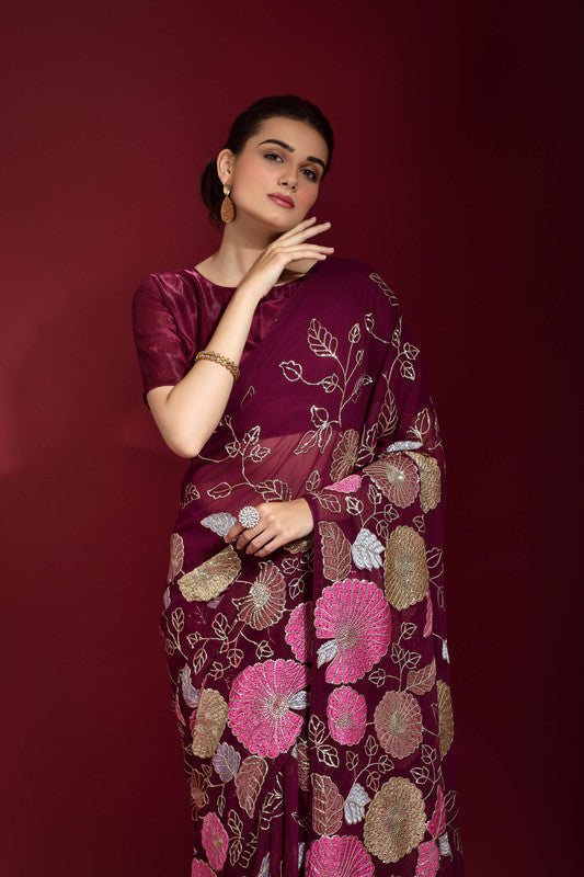 Jyoti Fashion Women's Wine Sequence Embroidery Georgette Saree with Blouse