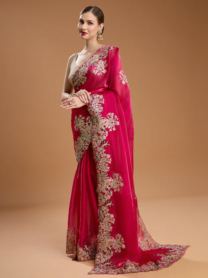 Jyoti Fashion Women's Rani Pink Jimmy Choo Embroidered & Coding Designer Saree with Blouse
