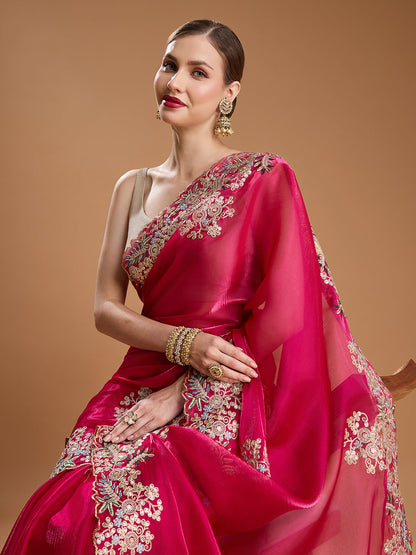 Jyoti Fashion Women's Rani Pink Jimmy Choo Embroidered & Coding Designer Saree with Blouse