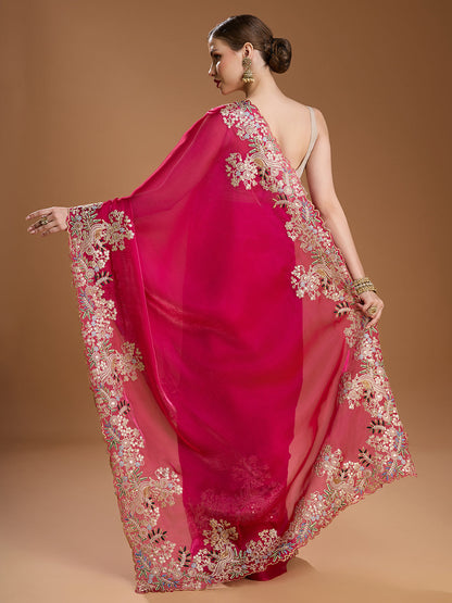 Jyoti Fashion Women's Rani Pink Jimmy Choo Embroidered & Coding Designer Saree with Blouse