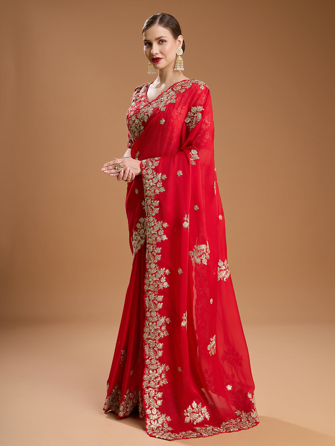 Jyoti Fashion Women's Red Jimmy Choo Embroidered & Coding Designer Saree with Blouse