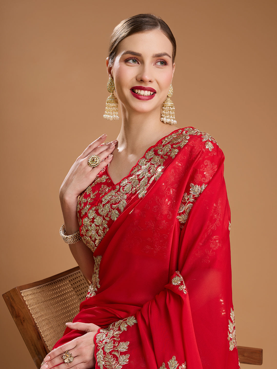 Jyoti Fashion Women's Red Jimmy Choo Embroidered & Coding Designer Saree with Blouse