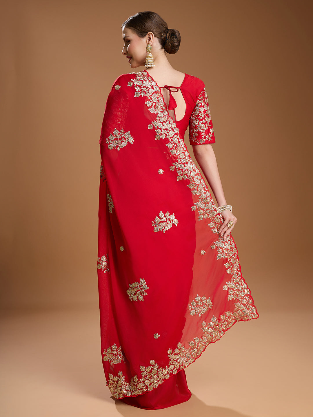 Jyoti Fashion Women's Red Jimmy Choo Embroidered & Coding Designer Saree with Blouse