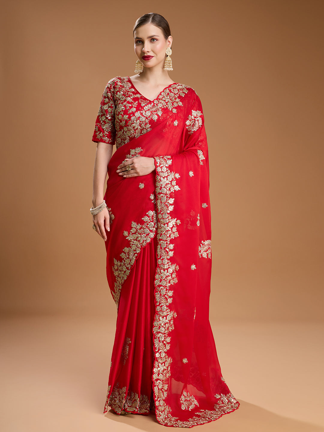 Jyoti Fashion Women's Red Jimmy Choo Embroidered & Coding Designer Saree with Blouse