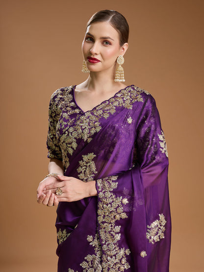 Jyoti Fashion Women's Purple Jimmy Choo Embroidered & Coding Designer Saree with Blouse