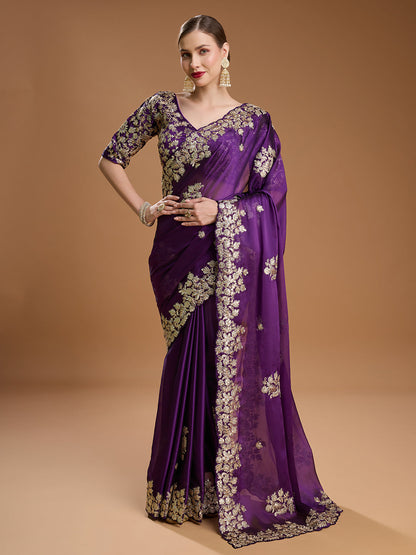 Jyoti Fashion Women's Purple Jimmy Choo Embroidered & Coding Designer Saree with Blouse