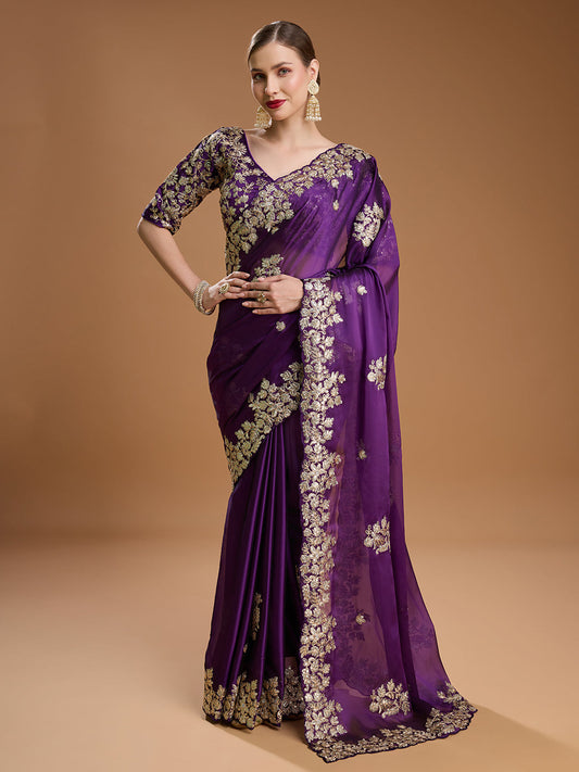 Jyoti Fashion Women's Purple Jimmy Choo Embroidered & Coding Designer Saree with Blouse