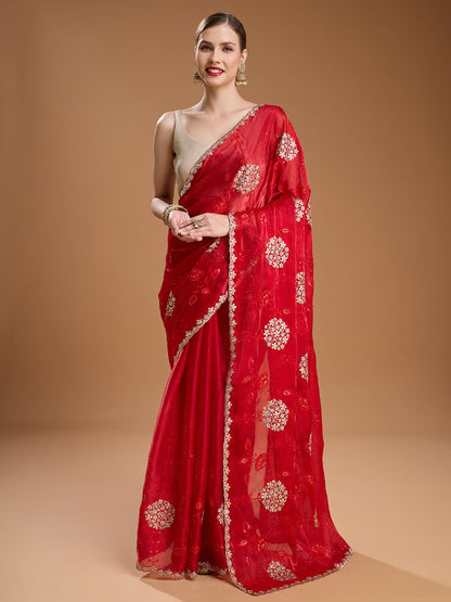 Jyoti Fashion Women's Maroon Jimmy Choo Sequins Embroidered Designer Saree with Blouse