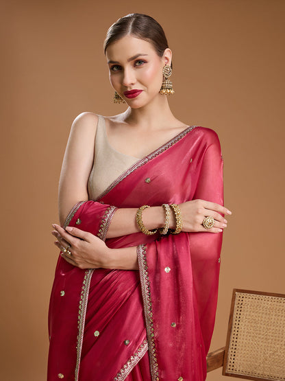 Jyoti Fashion Women's Gajri Red Jimmy Choo Sequins Embroidered Designer Saree with Blouse