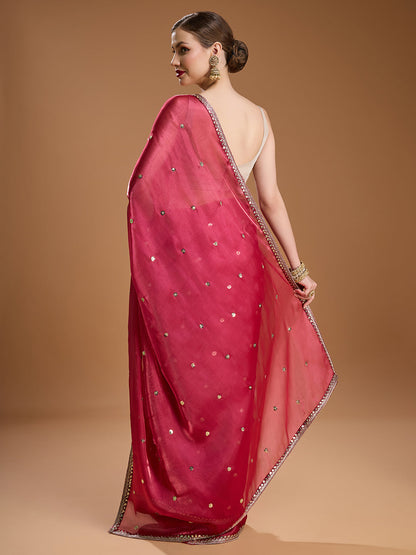 Jyoti Fashion Women's Gajri Red Jimmy Choo Sequins Embroidered Designer Saree with Blouse