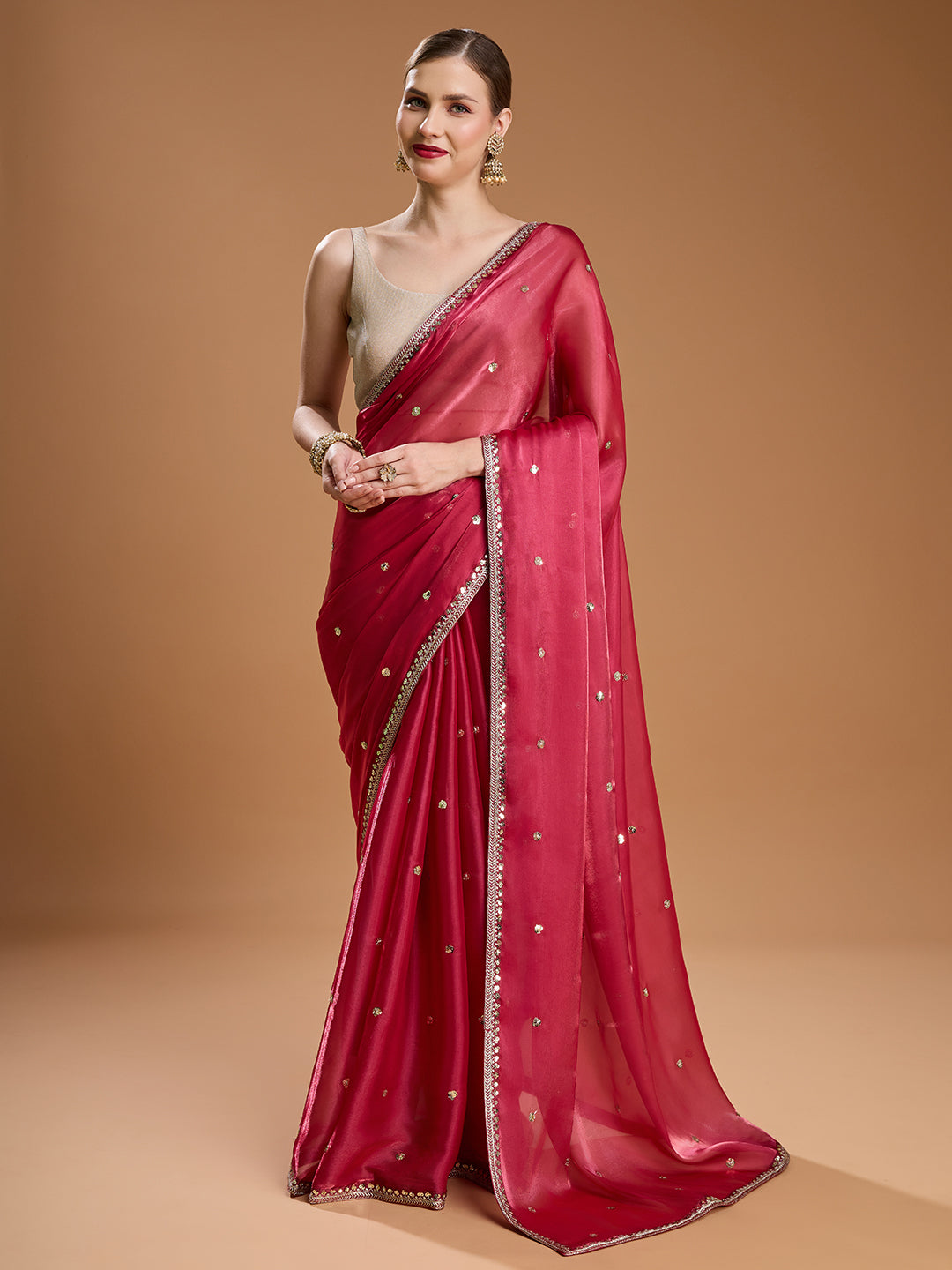 Jyoti Fashion Women's Gajri Red Jimmy Choo Sequins Embroidered Designer Saree with Blouse