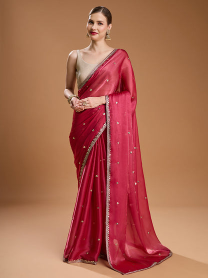 Jyoti Fashion Women's Gajri Red Jimmy Choo Sequins Embroidered Designer Saree with Blouse