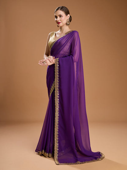 Jyoti Fashion Women's Purple Georgette Sequins Embroidered Designer Saree with Blouse