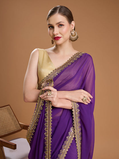 Jyoti Fashion Women's Purple Georgette Sequins Embroidered Designer Saree with Blouse