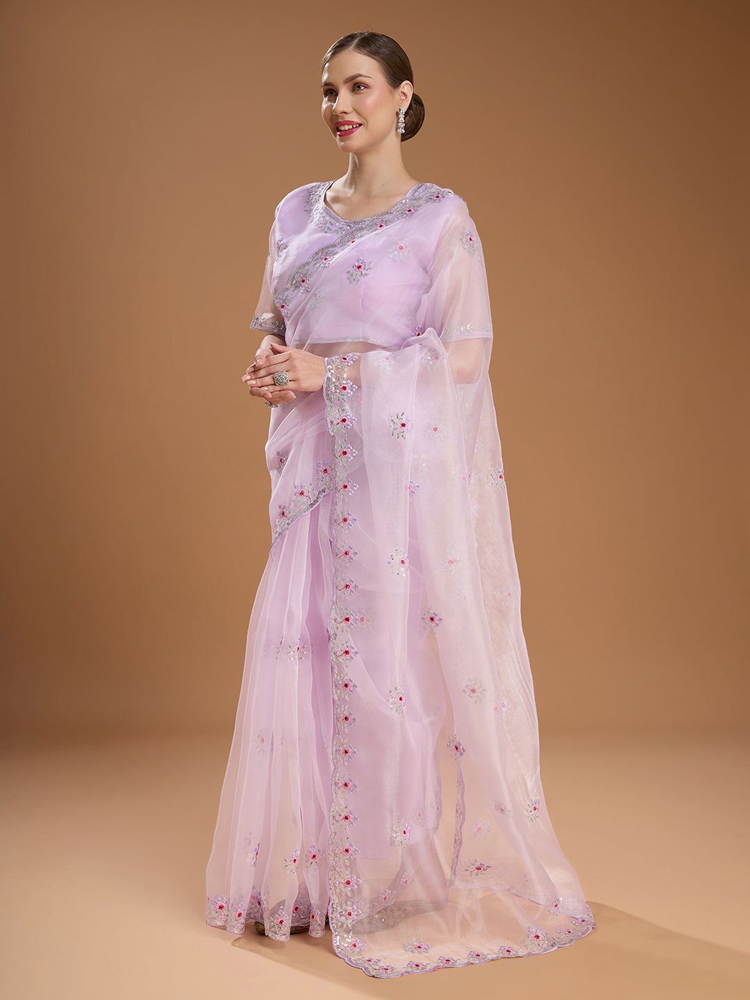 Jyoti Fashion Women's Light Purple Net Sequins Embroidered Designer Saree with Blouse