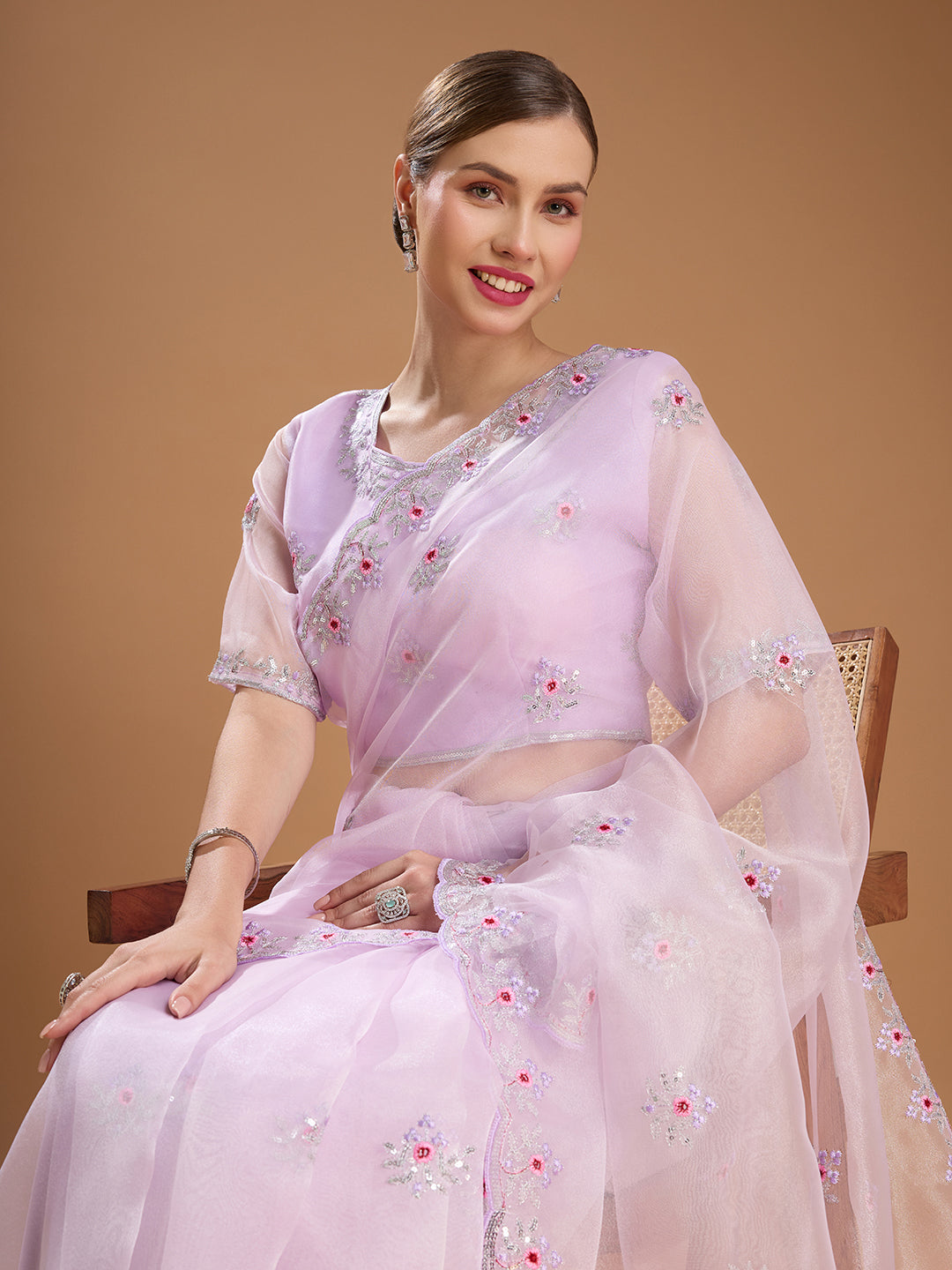 Jyoti Fashion Women's Light Purple Net Sequins Embroidered Designer Saree with Blouse