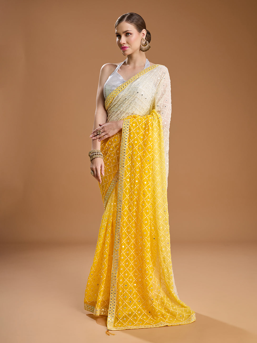 Jyoti Fashion Women's Yellow Georgette Embroidered Mirror Designer Saree with Blouse
