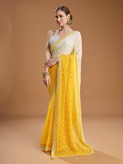 Jyoti Fashion Women's Yellow Georgette Embroidered Mirror Designer Saree with Blouse