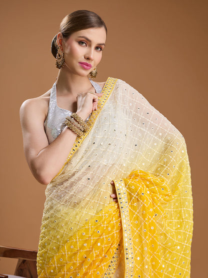 Jyoti Fashion Women's Yellow Georgette Embroidered Mirror Designer Saree with Blouse