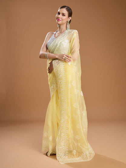 Jyoti Fashion Women's Yellow Net Sequins Embroidered Designer Saree with Blouse