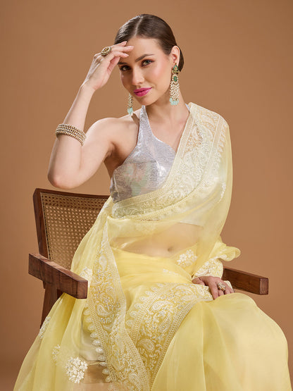 Jyoti Fashion Women's Yellow Net Sequins Embroidered Designer Saree with Blouse