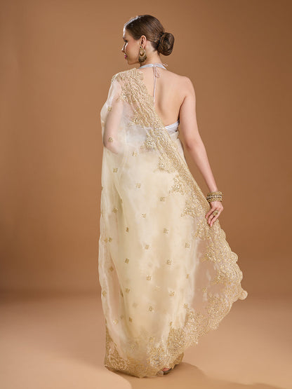 Jyoti Fashion Women's Cream Net Sequins Embroidered Designer Saree with Blouse