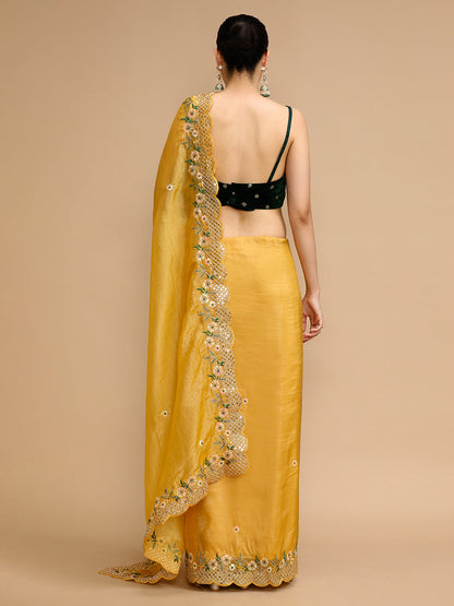Jyoti Fashion Women's Yellow Art Silk Sequins Embroidered Designer Saree with Blouse
