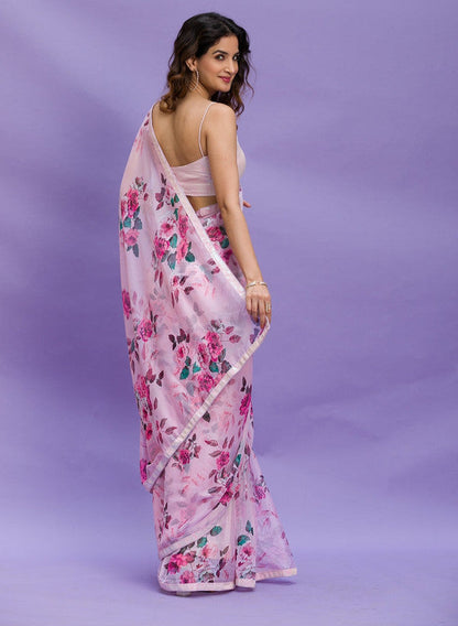 Jyoti Fashion Women's Pink Digital Print with Sequence Lace work Chinon Saree with Blouse