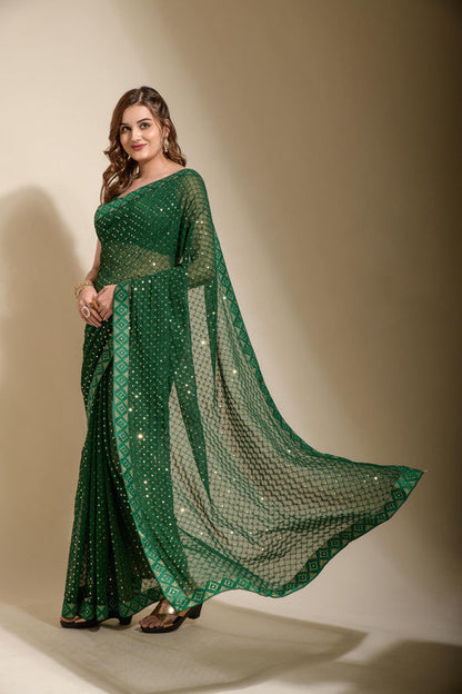 Jyoti Fashion Women's Green Sequence Embroidery Georgette Saree with Blouse