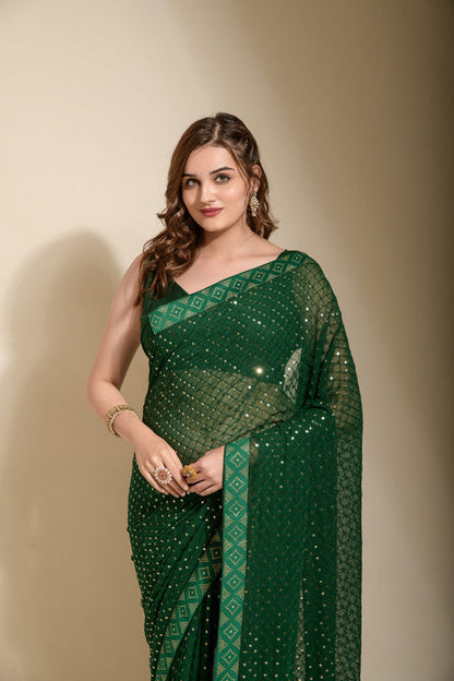 Jyoti Fashion Women's Green Sequence Embroidery Georgette Saree with Blouse