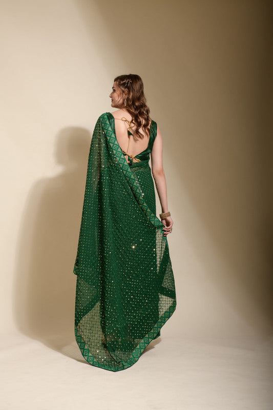 Jyoti Fashion Women's Green Sequence Embroidery Georgette Saree with Blouse