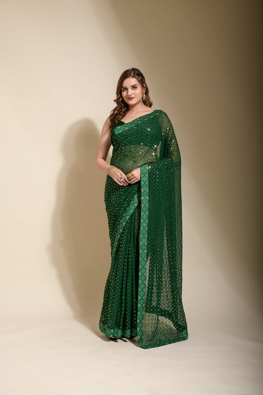 Jyoti Fashion Women's Green Sequence Embroidery Georgette Saree with Blouse