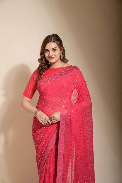 Jyoti Fashion Women's Pink Sequence Embroidery Georgette Saree with Blouse