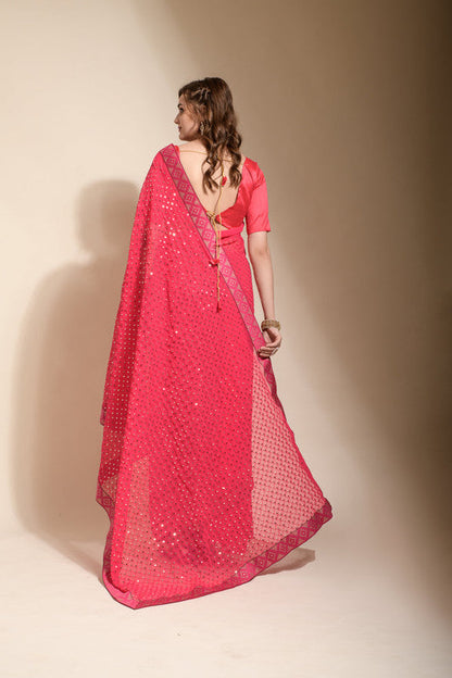 Jyoti Fashion Women's Pink Sequence Embroidery Georgette Saree with Blouse
