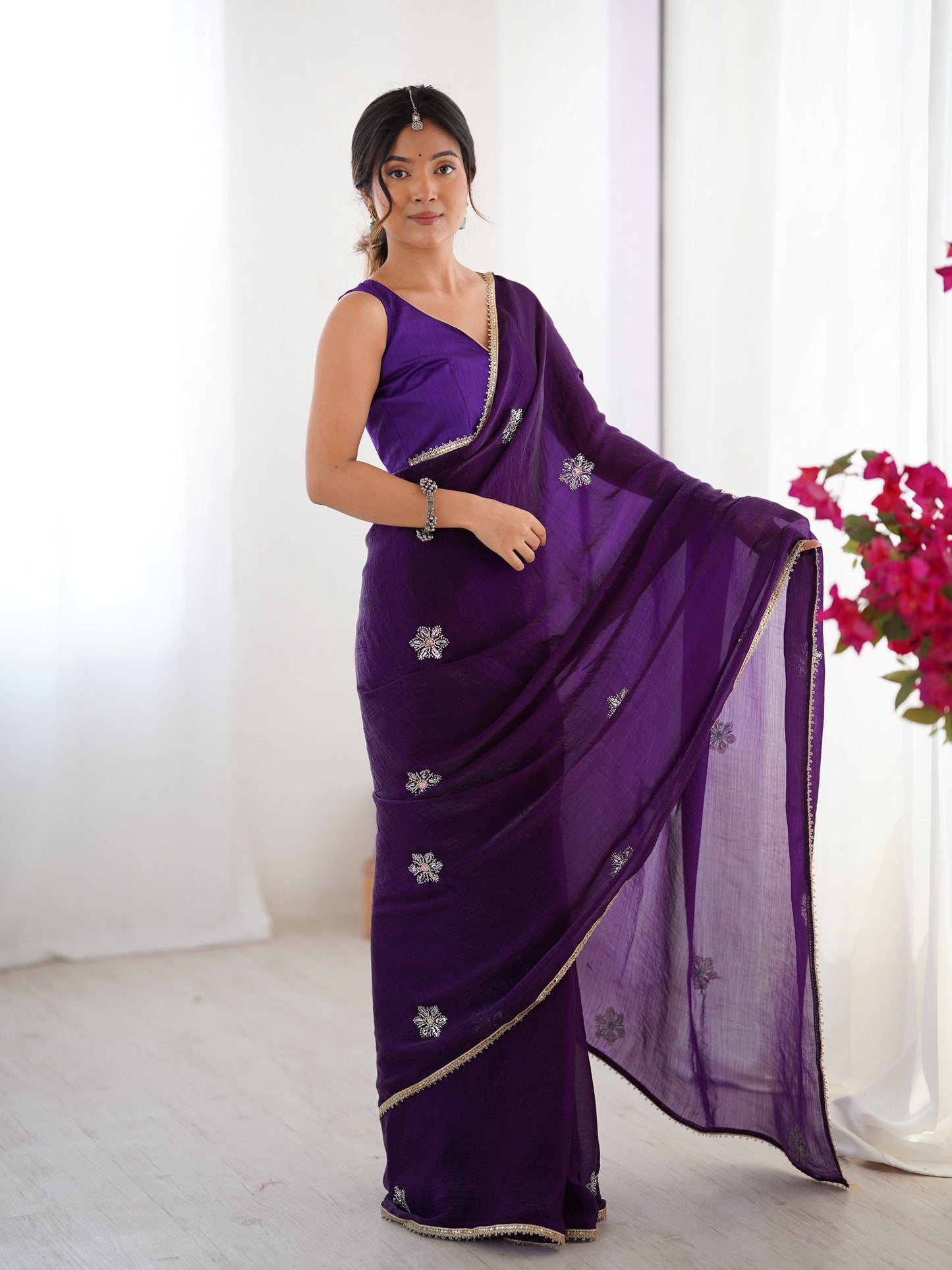 Jyoti Fashion Women's Purple Soft Fendy Embroidered Designer Saree with Blouse