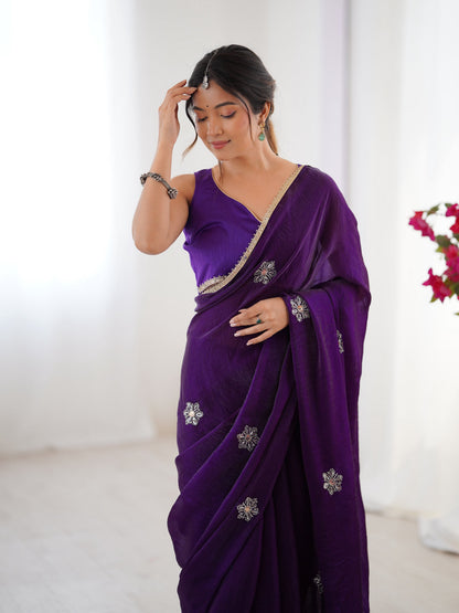 Jyoti Fashion Women's Purple Soft Fendy Embroidered Designer Saree with Blouse