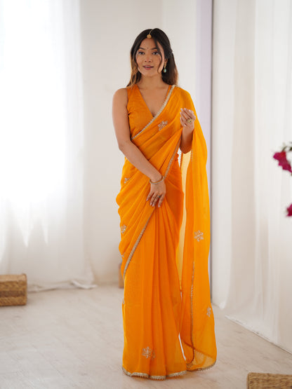 Jyoti Fashion Women's Yellow Soft Fendy Embroidered Designer Saree with Blouse