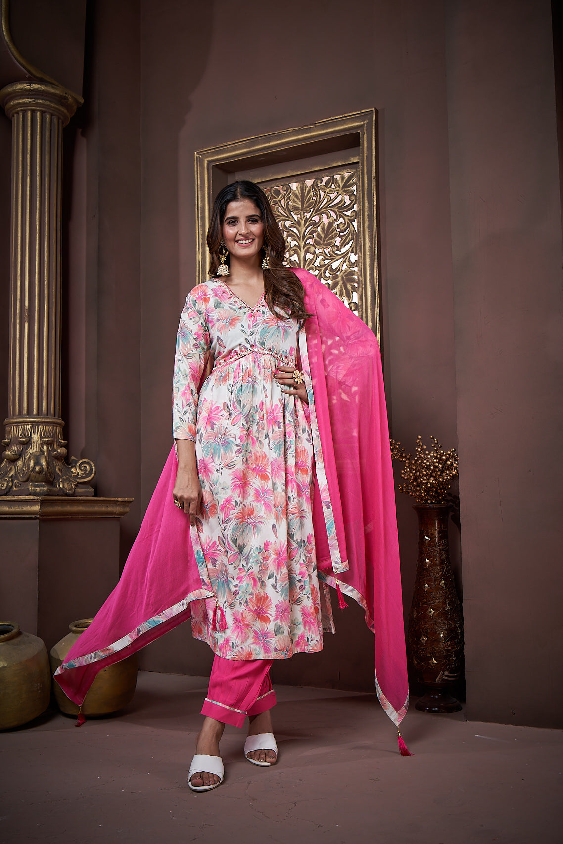 Jyoti Fashion Women's Pink Rayon Floral Print with Handwork Designer Kurta Set with Dupatta