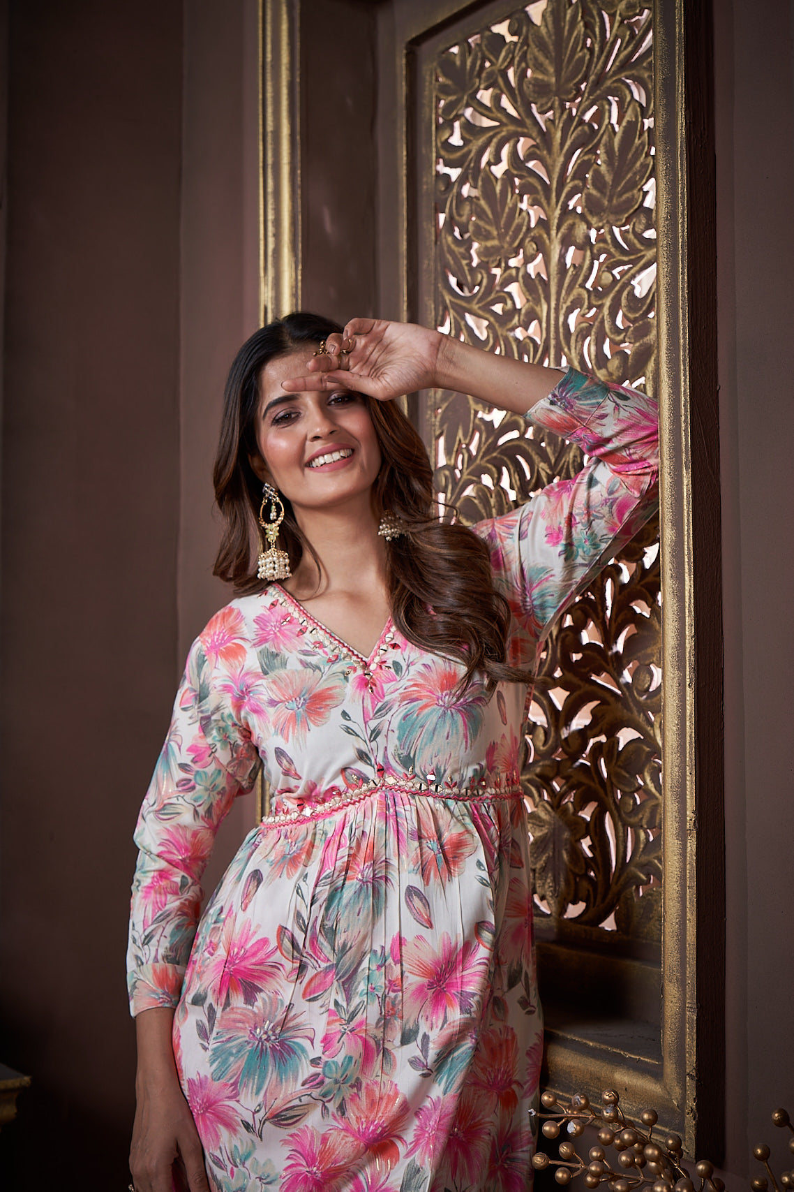 Jyoti Fashion Women's Pink Rayon Floral Print with Handwork Designer Kurta Set with Dupatta